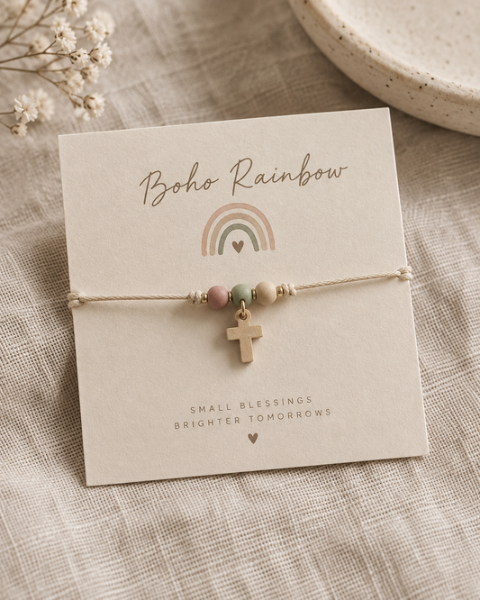 Χειροποίητο Μαρτυρικό Βραχιολάκι Boho Rainbow με Ξύλινο Σταυρό