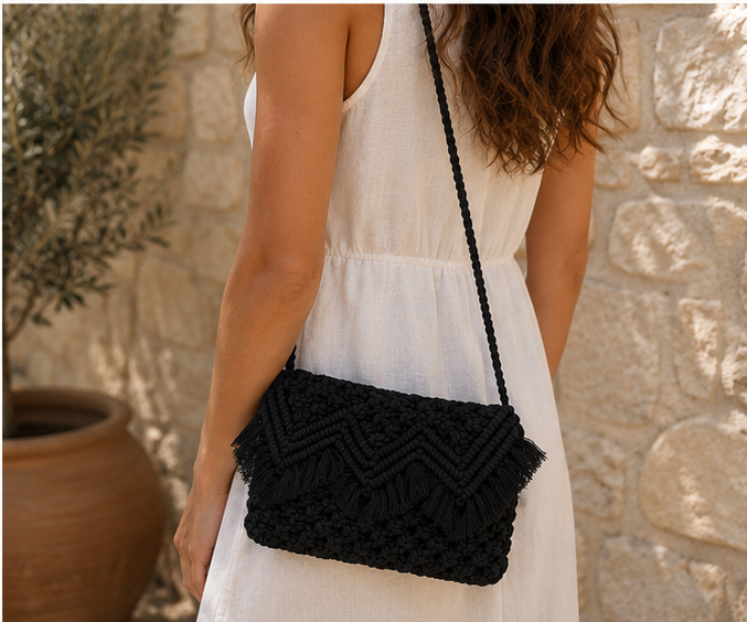 Black Elegance – Χειροποίητη Μακραμέ Τσάντα Ώμου